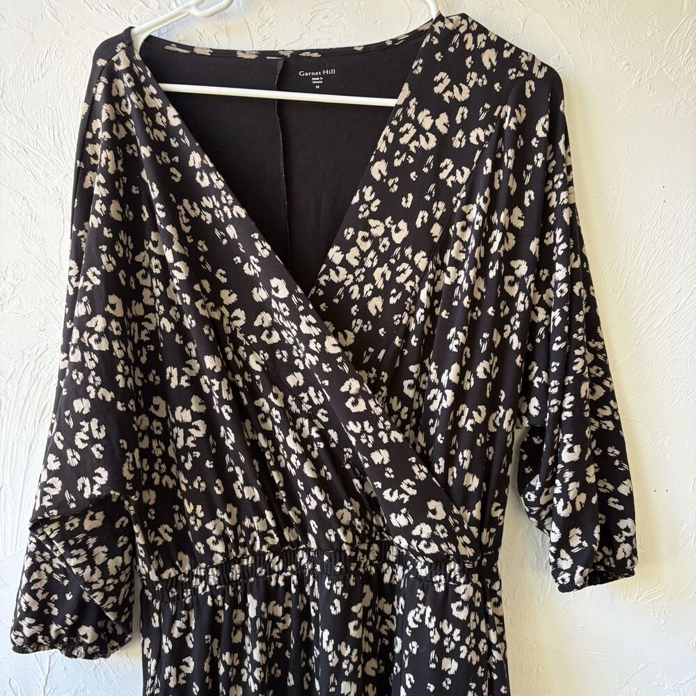 Garnet Hill Animal Print Wrap Midi Dress V-Neck 3/4 Sleeve Black Ivory M